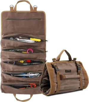 Wrench Tool Roll Bag, Heavy Duty Waxed Canvas Multi-Purpose Tool Organize Bag With 6 Zipper Pockets (Grey)