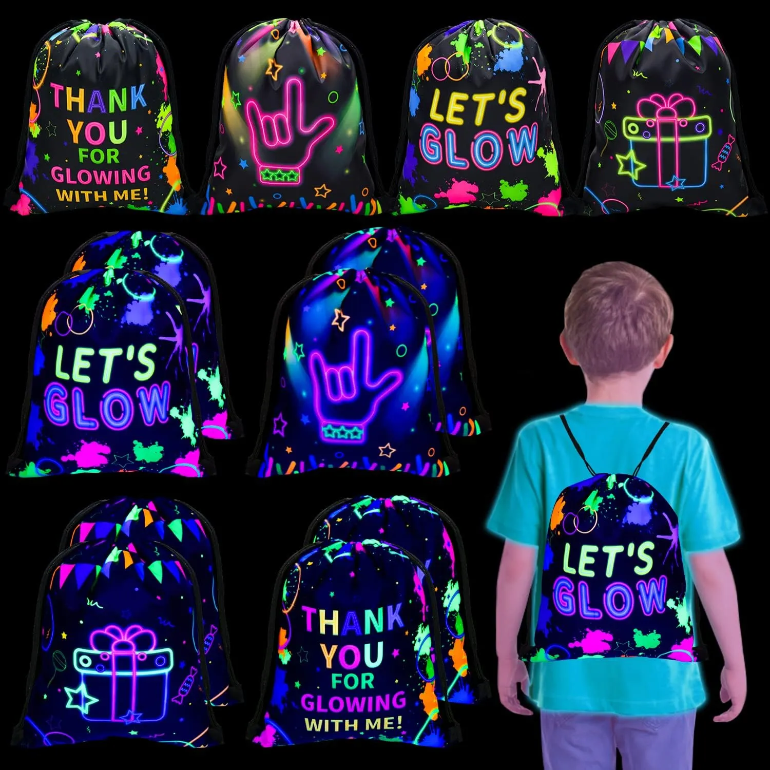 XJLANTTE 12 Pcs Neon Drawstring Gift Bags Glow Backpacks Goodie Bags Glow Party Supplies Favor Bags for Birthday Party Let’s Glow Party Decorations Glow in The Dark Party Supplies