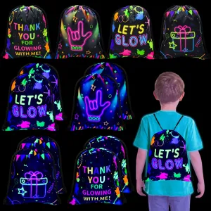 XJLANTTE 12 Pcs Neon Drawstring Gift Bags Glow Backpacks Goodie Bags Glow Party Supplies Favor Bags for Birthday Party Let’s Glow Party Decorations Glow in The Dark Party Supplies