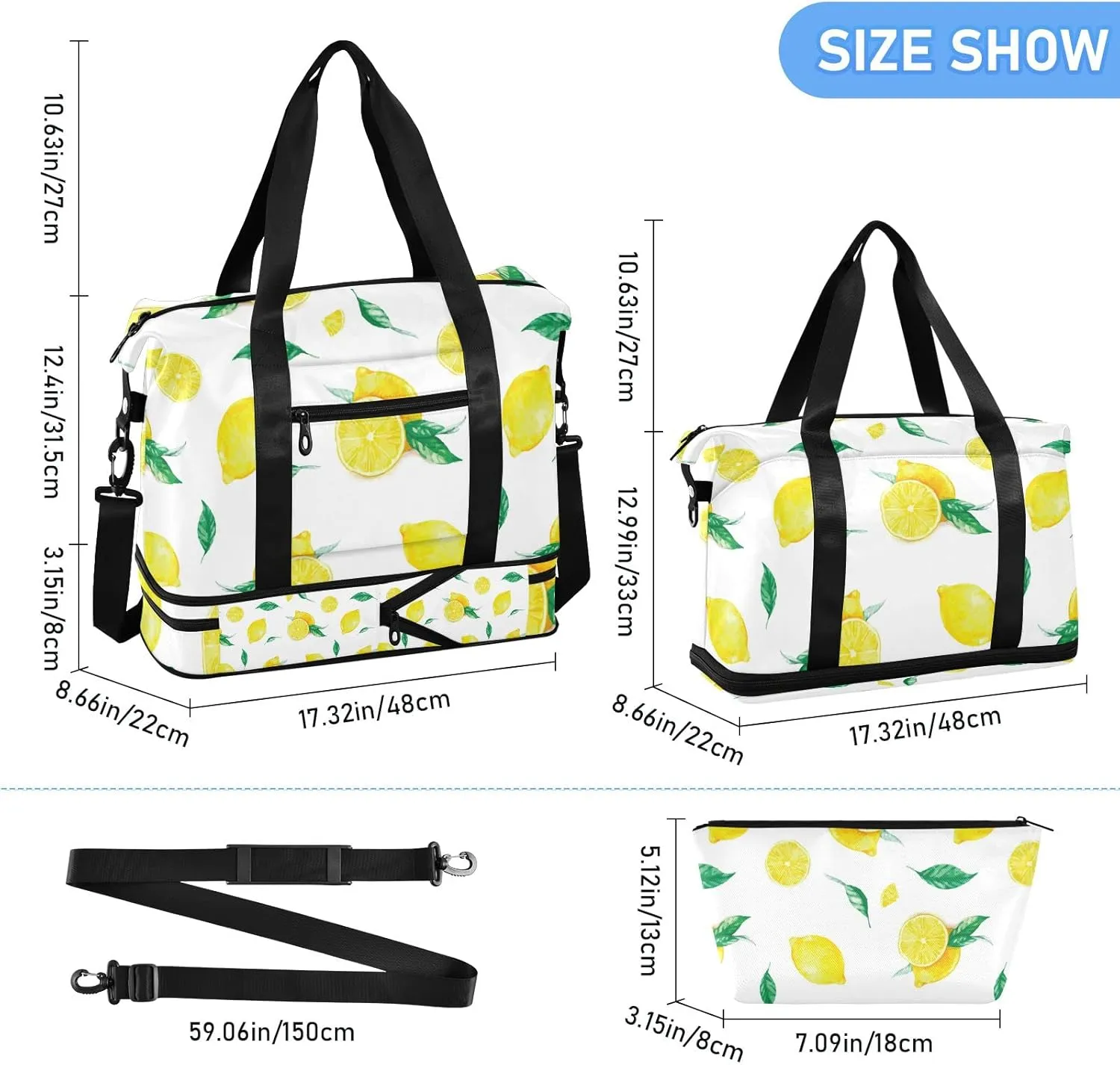 Yellow Lemons and Leaves Travel Duffel Gym Sports Luggage Bag Expandable Large Capacity Sports Bag for Women and Men