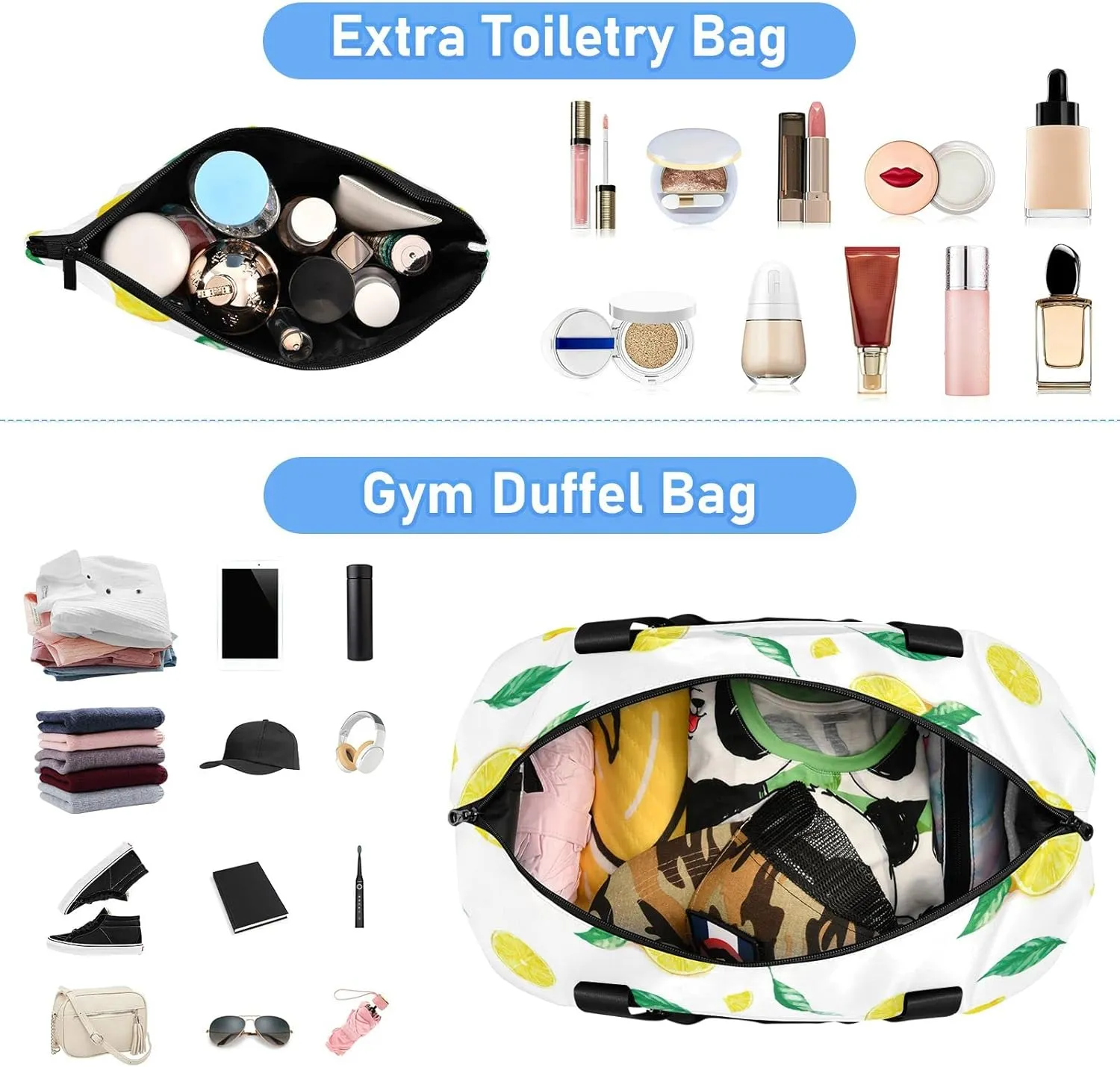 Yellow Lemons and Leaves Travel Duffel Gym Sports Luggage Bag Expandable Large Capacity Sports Bag for Women and Men