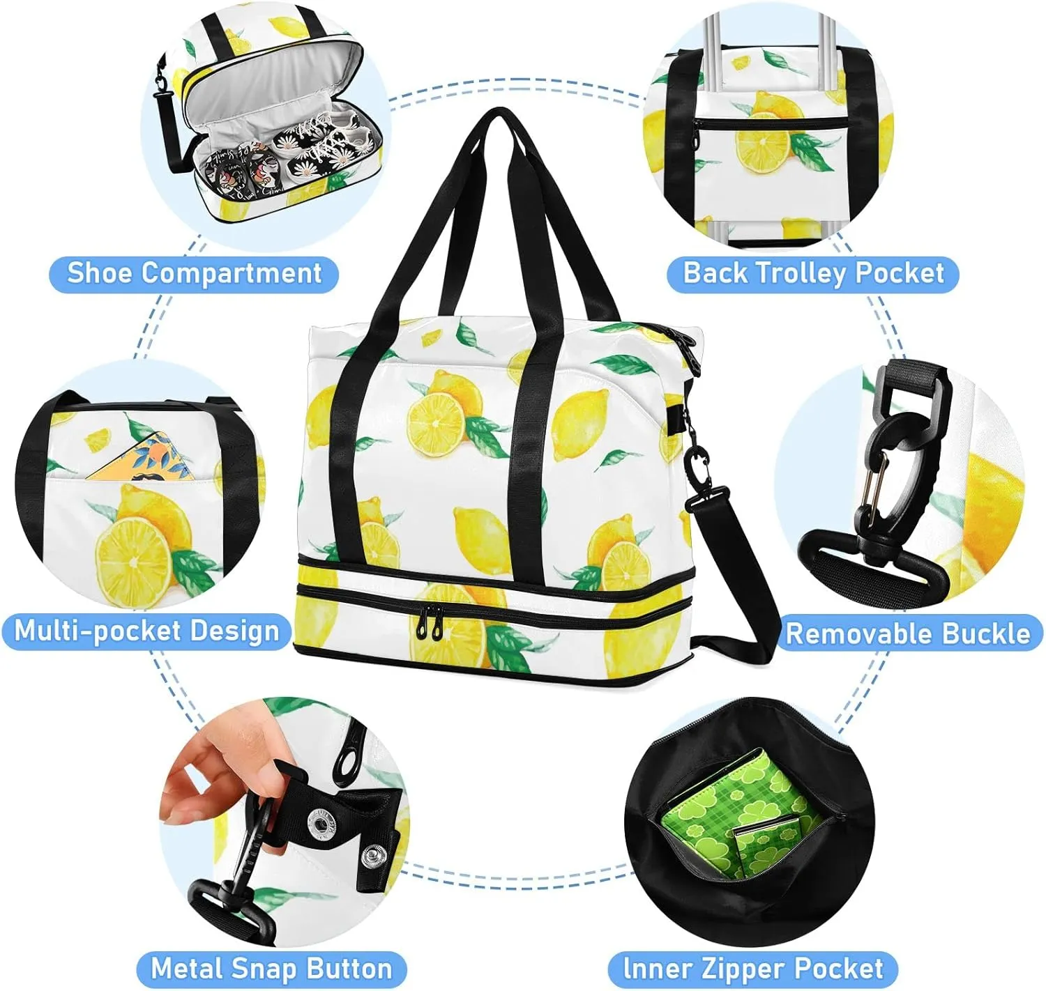 Yellow Lemons and Leaves Travel Duffel Gym Sports Luggage Bag Expandable Large Capacity Sports Bag for Women and Men