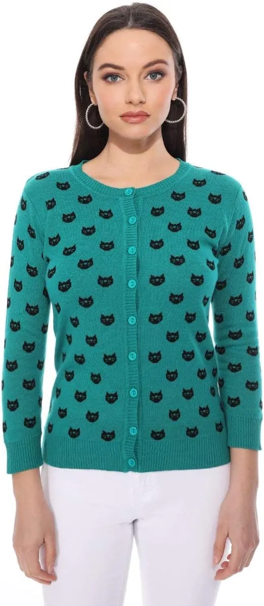 YEMAK Women's Knit Cardigan Sweater – 3/4 Sleeve Button Down Crewneck Cute Cat Dog Pattern Casual Lightweight Knitted Top