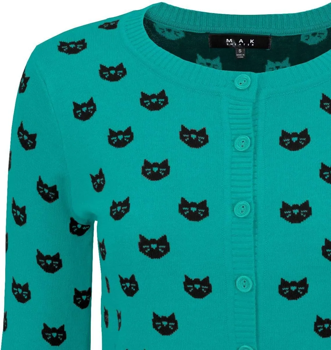 YEMAK Women's Knit Cardigan Sweater – 3/4 Sleeve Button Down Crewneck Cute Cat Dog Pattern Casual Lightweight Knitted Top