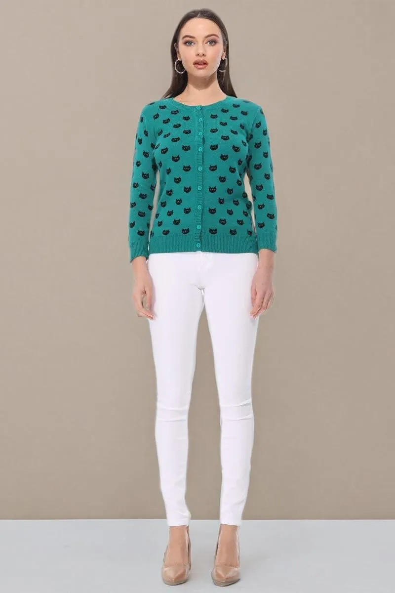 YEMAK Women's Knit Cardigan Sweater – 3/4 Sleeve Button Down Crewneck Cute Cat Dog Pattern Casual Lightweight Knitted Top