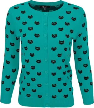 YEMAK Women's Knit Cardigan Sweater – 3/4 Sleeve Button Down Crewneck Cute Cat Dog Pattern Casual Lightweight Knitted Top