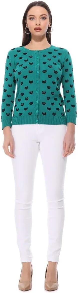 YEMAK Women's Knit Cardigan Sweater – 3/4 Sleeve Button Down Crewneck Cute Cat Dog Pattern Casual Lightweight Knitted Top