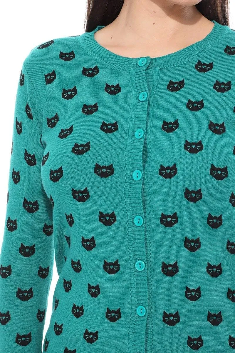 YEMAK Women's Knit Cardigan Sweater – 3/4 Sleeve Button Down Crewneck Cute Cat Dog Pattern Casual Lightweight Knitted Top