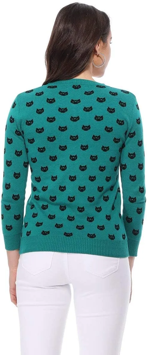 YEMAK Women's Knit Cardigan Sweater – 3/4 Sleeve Button Down Crewneck Cute Cat Dog Pattern Casual Lightweight Knitted Top