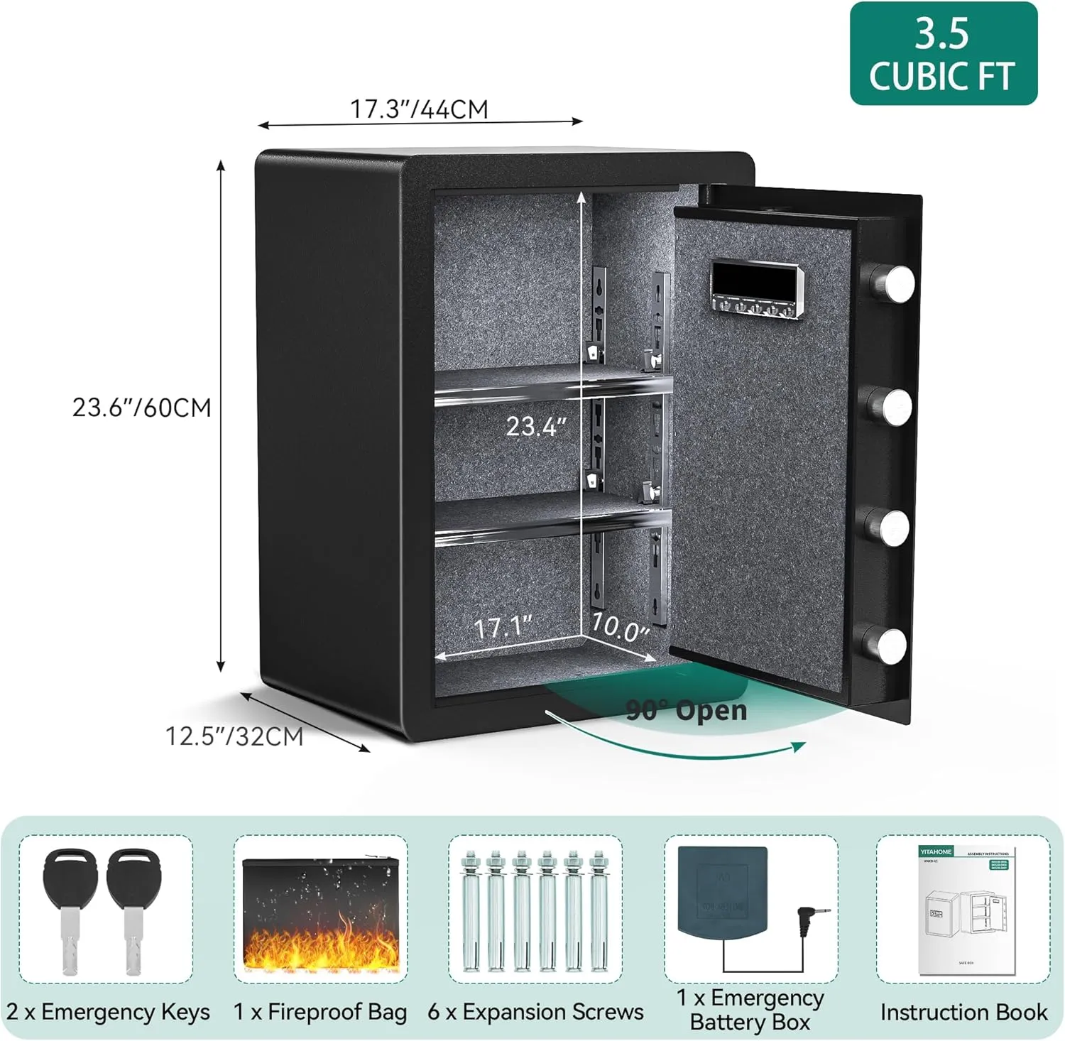 YITAHOME Large Safe Box with Fireproof Document Bag, Digital Keypad and Removable Shelf, Security Home Safe for Home Office Hotel Protects Important Valuables 3.5 Cubic Feet