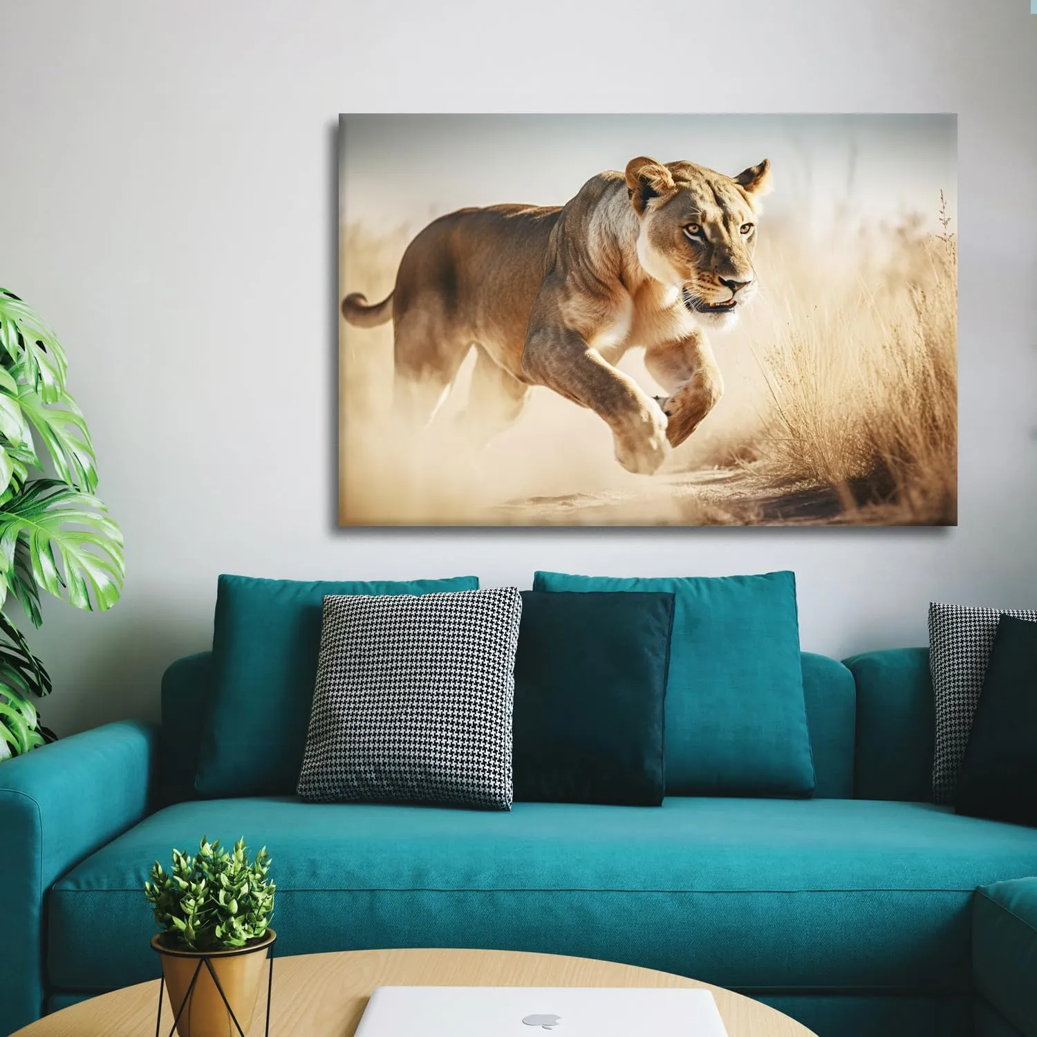 YONICA lion Canvas Wall Art - Lion Running On The Grassland Gazing At Far Away, High Definition Giclee Artwork Ready to Hang Suitable for Living Room Bedroom 32'' L x 24'' W(80x60cm)
