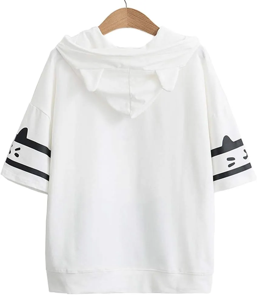 YunPeng Women Girl Hoodie T-Shirt Japanese Cartoon Cat Harajuku Short Sleeve Tops Tees