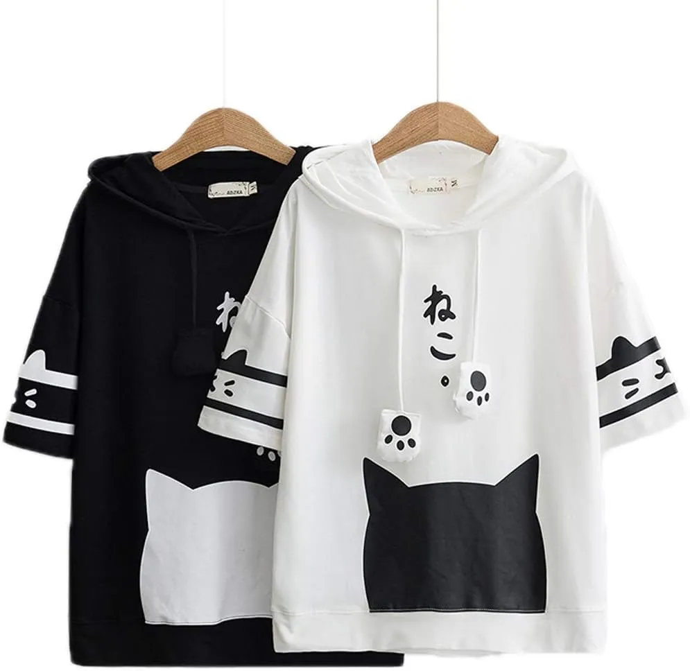 YunPeng Women Girl Hoodie T-Shirt Japanese Cartoon Cat Harajuku Short Sleeve Tops Tees