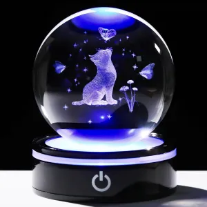 YWHL 3D Crystal Cat Butterfly Figurines Ball with Colorful Light Base, Laser Engraved Cat Gifts for Women Men on Birthday, Animal Figurine Collection for Home Decor