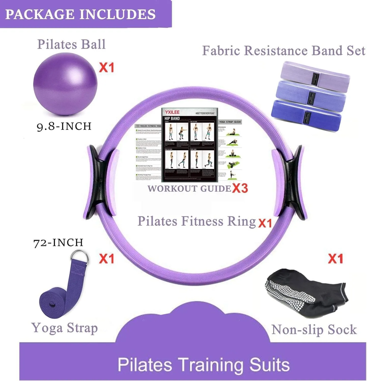 YXILEE Pilates Ring Circle Set - Workout at Home Workout Equipment Women - Booty Bands Stretching Equipment Pilates Mini Exercise Ball for Legs Arms and Thighs
