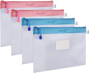 Zipper Pouch, Wisdompro 4 Packs Durable Letter Size Waterproof Mesh File Bag, Document Organizer - Pink/Blue