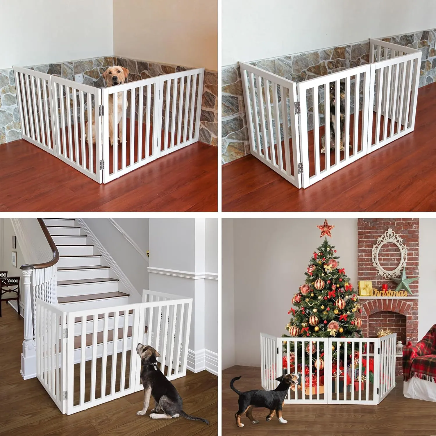 ZJSF Freestanding Indoor Dog Gate for House Foldable Wood White Puppy Gate for Doorways Pet Gate for Stairs Extra Wide Pet Fence 32" Height 3 Panels