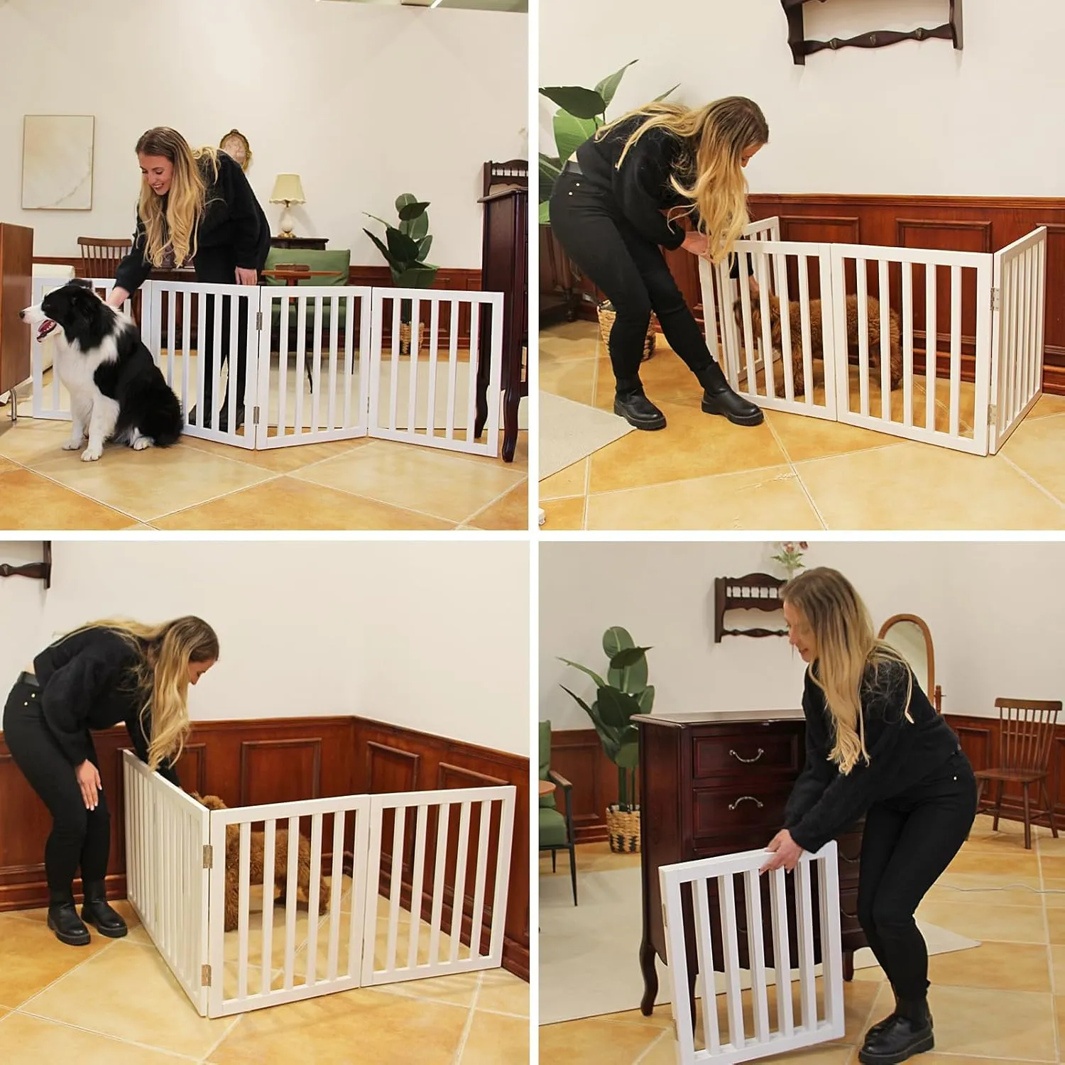 ZJSF Freestanding Indoor Dog Gate for House Foldable Wood White Puppy Gate for Doorways Pet Gate for Stairs Extra Wide Pet Fence 32" Height 3 Panels