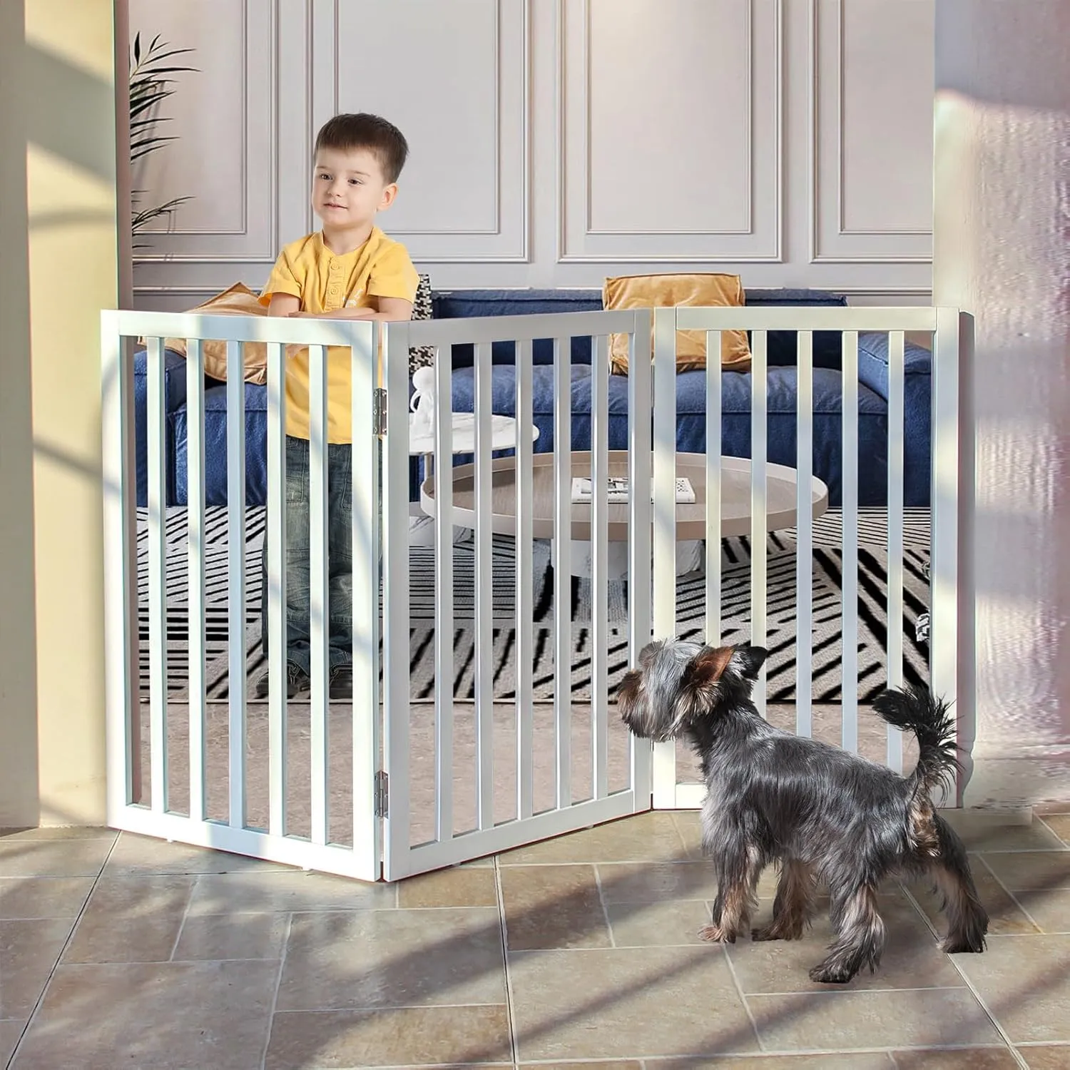 ZJSF Freestanding Indoor Dog Gate for House Foldable Wood White Puppy Gate for Doorways Pet Gate for Stairs Extra Wide Pet Fence 32" Height 3 Panels