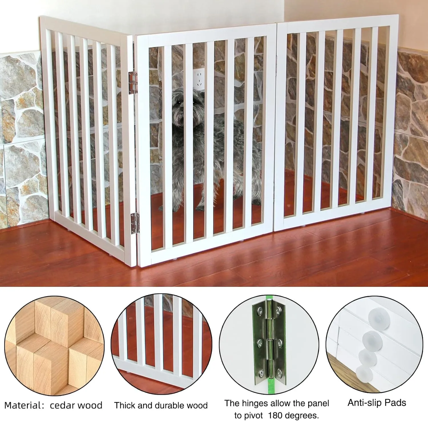 ZJSF Freestanding Indoor Dog Gate for House Foldable Wood White Puppy Gate for Doorways Pet Gate for Stairs Extra Wide Pet Fence 32" Height 3 Panels