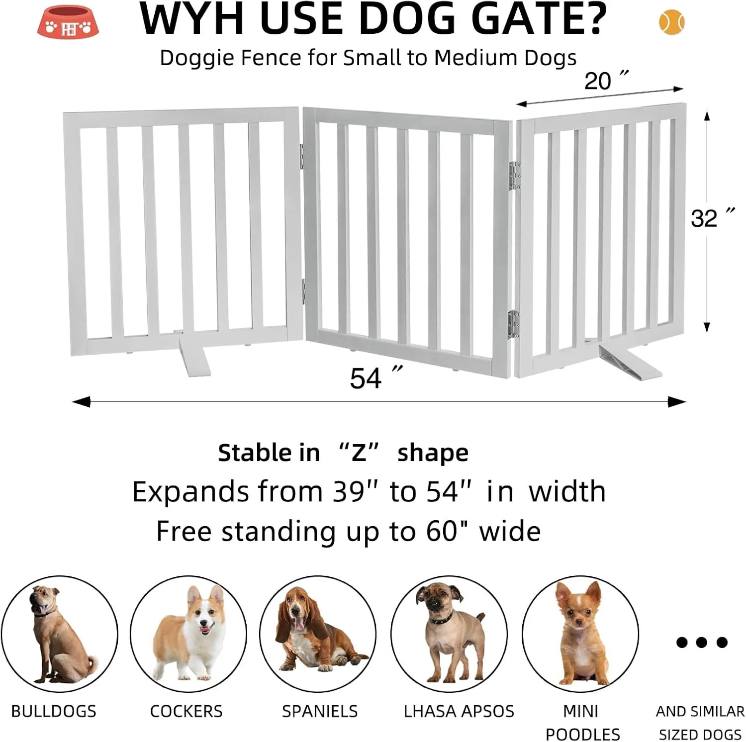 ZJSF Freestanding Indoor Dog Gate for House Foldable Wood White Puppy Gate for Doorways Pet Gate for Stairs Extra Wide Pet Fence 32" Height 3 Panels