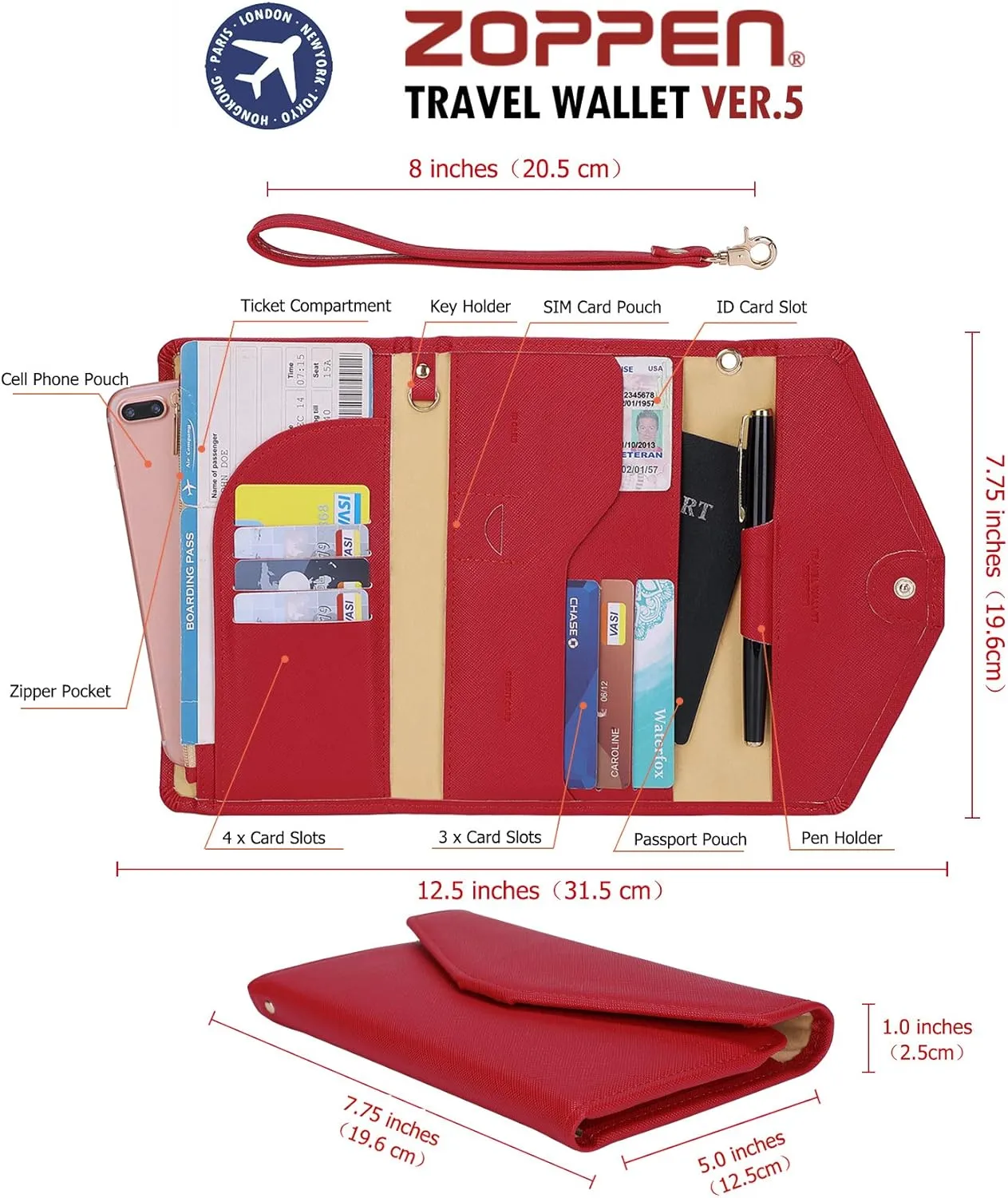 ZOPPEN Passport Holder Women Travel Wallet (Ver.5) for Women Rfid Blocking Passport Cover Case Document Organizer Wrist Strap