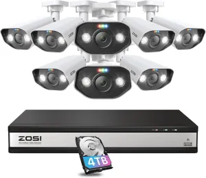 ZOSI 16CH 4K PoE Security Camera System with 2 Way Audio,H.265  8MP 16CH NVR with 4TB HDD for 24/7 Recording,8X 5MP PoE IP Cameras Indoor Outdoor with Person Vehicle Detection,Color Night Vision