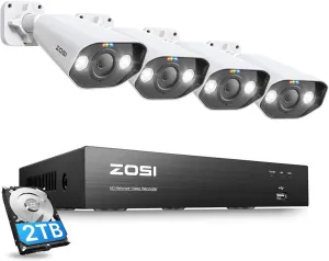 ZOSI 4K 8CH Spotlight PoE Security Camera System with 2TB HDD,4pcs 5MP Outdoor PoE IP Cameras,Smart Human Detection,2 Way Audio,Color Night Vision,8 Ports 16CH 8MP NVR for Home 24/7 Recording