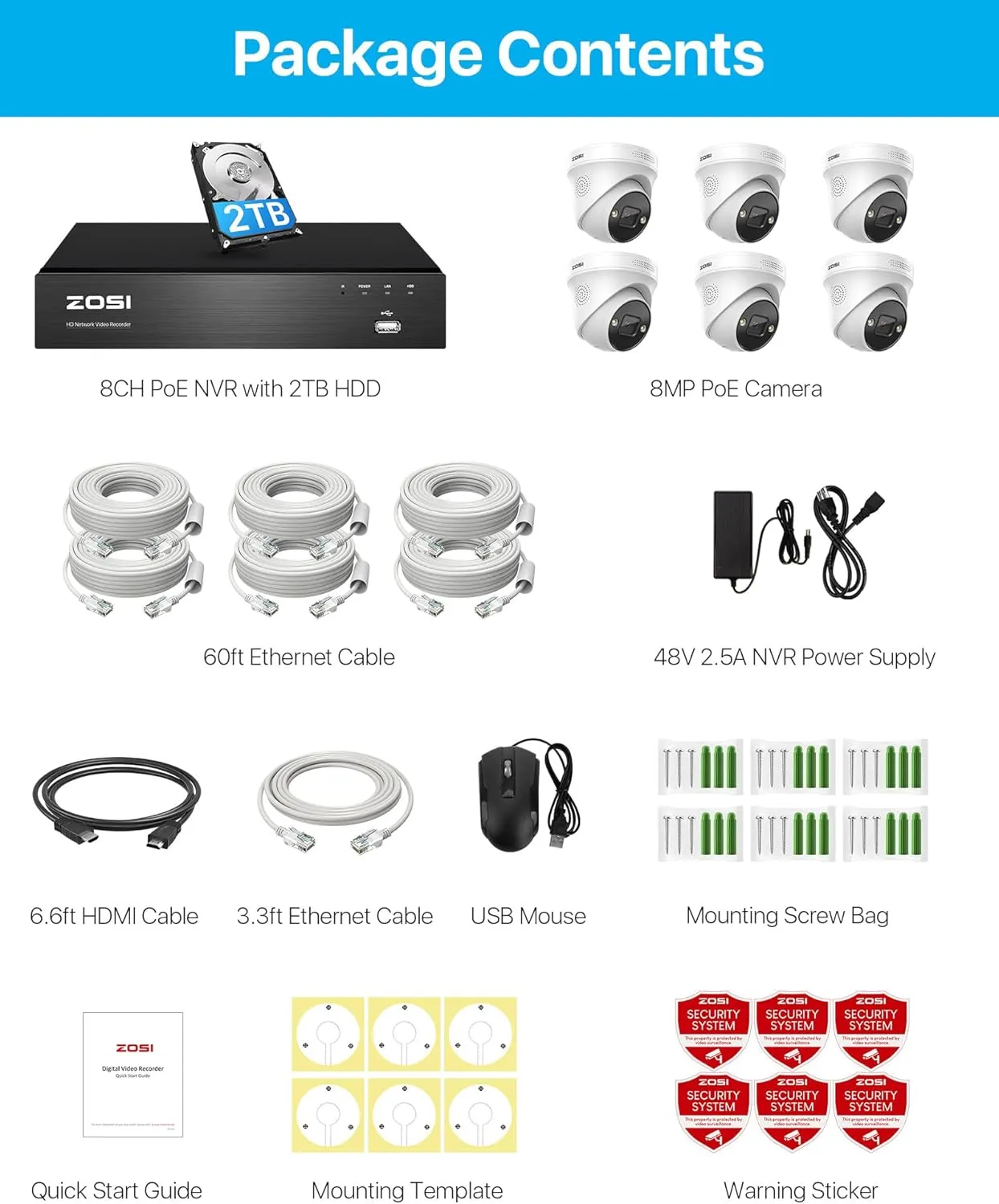 ZOSI 4K 8CH Spotlight PoE Security Camera System,6pcs 4K Wired Indoor Outdoor PoE IP Cameras with 2 Way Audio,Night Vision,Human Detection,Smart Light Alarm,8CH 8MP NVR with 2TB HDD for 24/7 Record