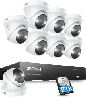 ZOSI 4K Security PoE Camera System with Person Vehicle Detection,8pcs 4K Outdoor Indoor IP Cameras,2 Way Audio,Night Vision,Sound Light Alarm,8 Ports 16CH 8MP NVR with 2TB HDD for Home 24/7 Recording