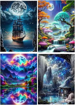 ZSWLLHP 4 Pack Diamond Painting Kits for Adults ，Waterfall Moon and Ship Diamond Art Kits for Beginners, DIY Full Drill Paint with Diamond Painting Gem Art Home Wall Decor 16 x 12 inches
