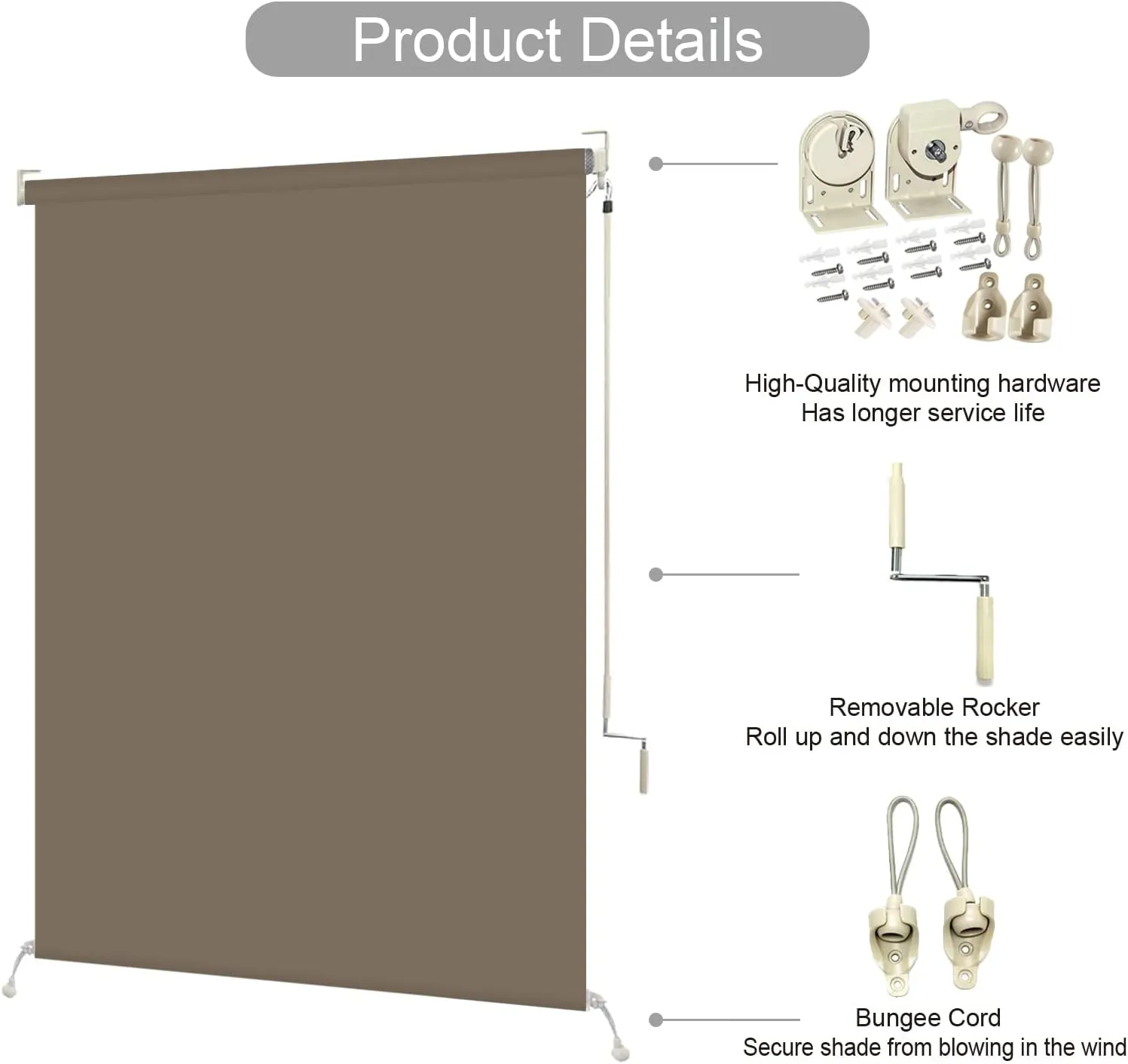 ZY Blinds Exterior Blackout Cordless Window Blinds, Waterproof Dark Brown Fabric Outdoor Roller Shades, Sunlight Protection Pull Shade Privacy Screen for Deck, Porch, Balcony, Backyard