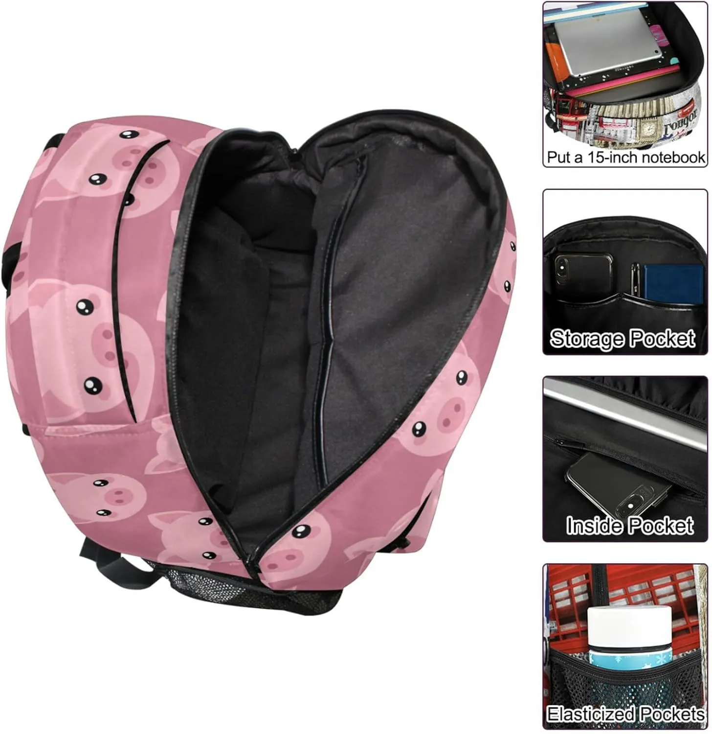 ZZKKO Cartoon Animal Pig School Backpacks Book Bag for Boys Girls Travel Hiking Camping Daypack Work Laptop Backpack Pink