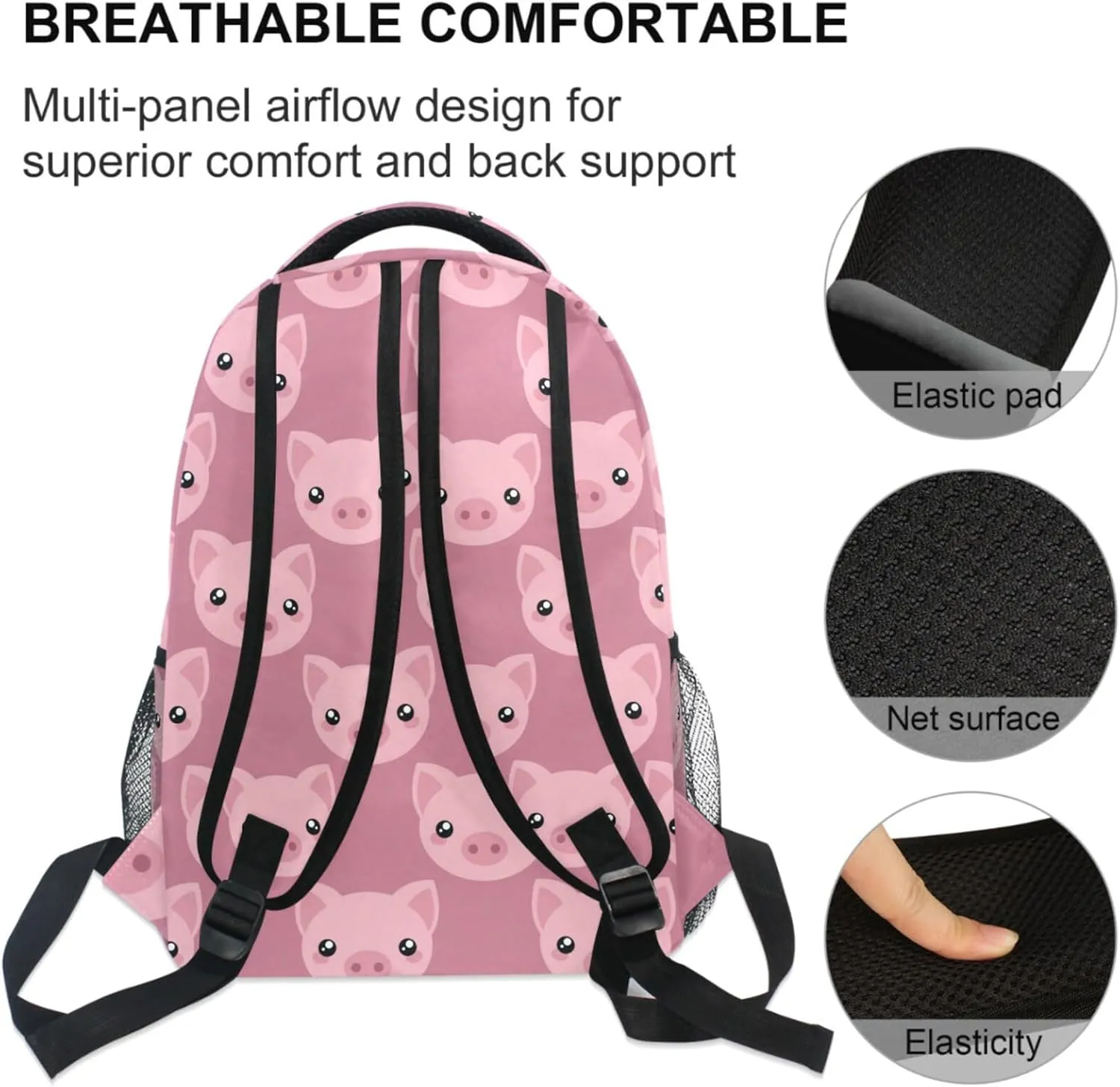 ZZKKO Cartoon Animal Pig School Backpacks Book Bag for Boys Girls Travel Hiking Camping Daypack Work Laptop Backpack Pink