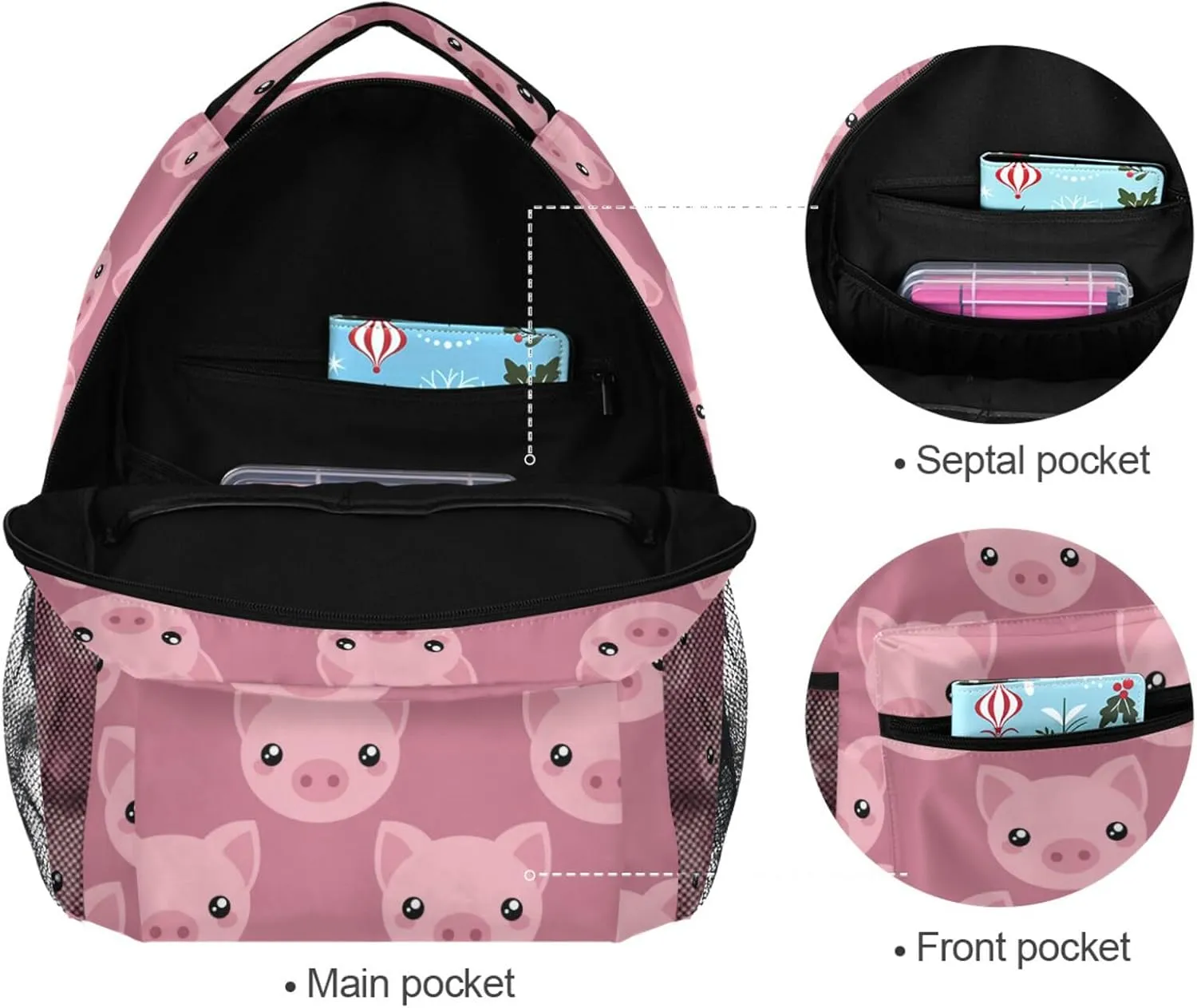 ZZKKO Cartoon Animal Pig School Backpacks Book Bag for Boys Girls Travel Hiking Camping Daypack Work Laptop Backpack Pink