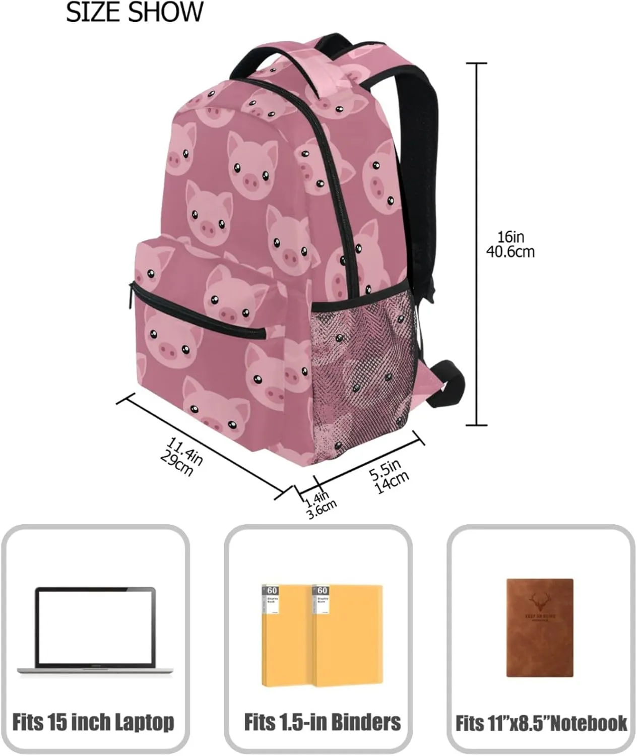 ZZKKO Cartoon Animal Pig School Backpacks Book Bag for Boys Girls Travel Hiking Camping Daypack Work Laptop Backpack Pink
